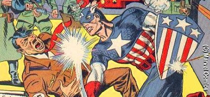 GERTCHA! Captain America gives Schicklegruber what for on the cover of CAPTAIJN AMERICA #1, from 1941. Art by Jack Kirby. (C) Marvel Comics