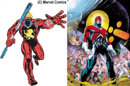 Captain Britain in his original (L) and classic (R) costumes. (C) Marvel Comics. Art by Jack Kirby(L?) and Alan Davis (R).